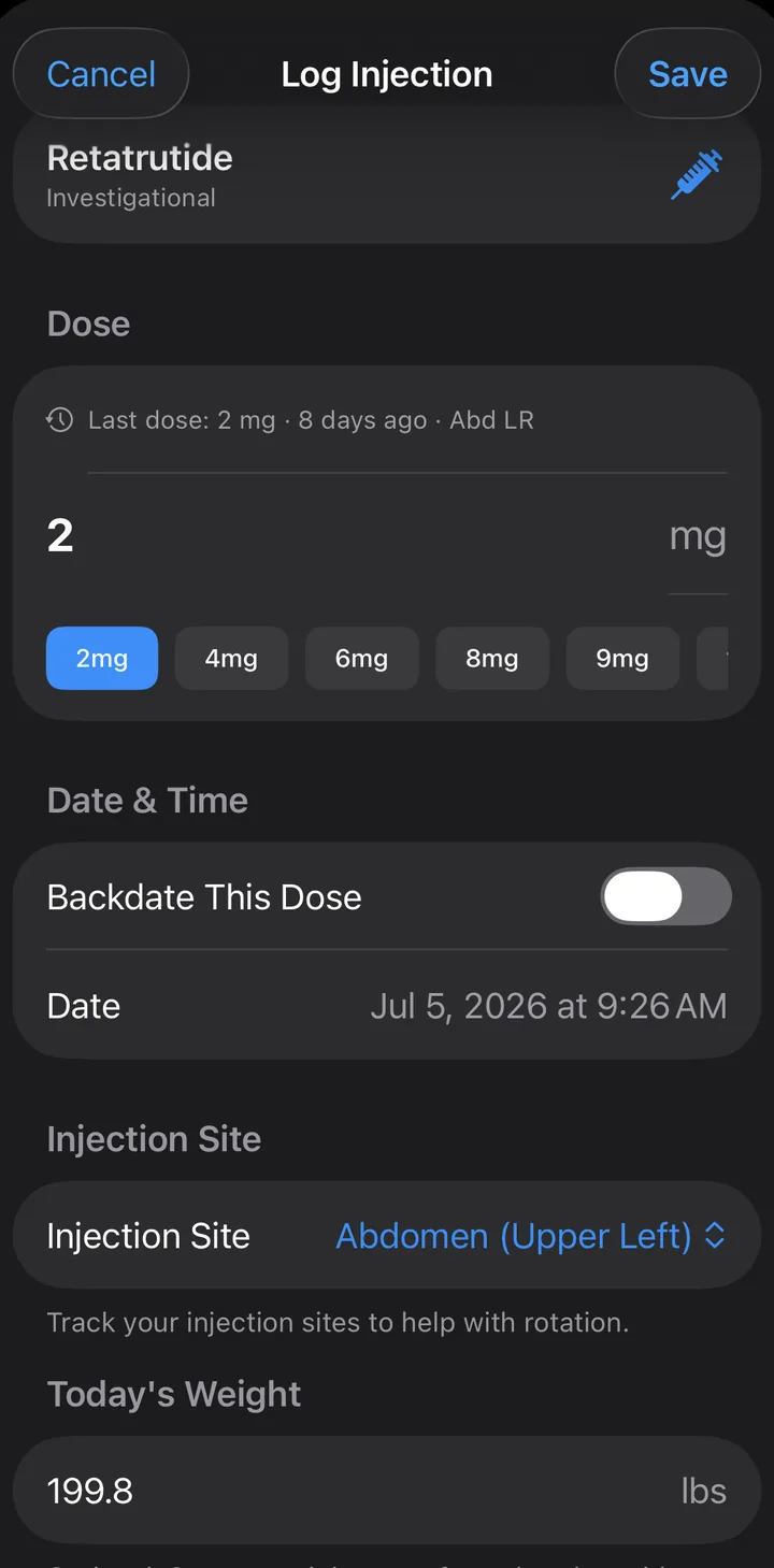 Log Injection sheet with dose amount pills, backdating, injection site picker, and an optional weigh-in field