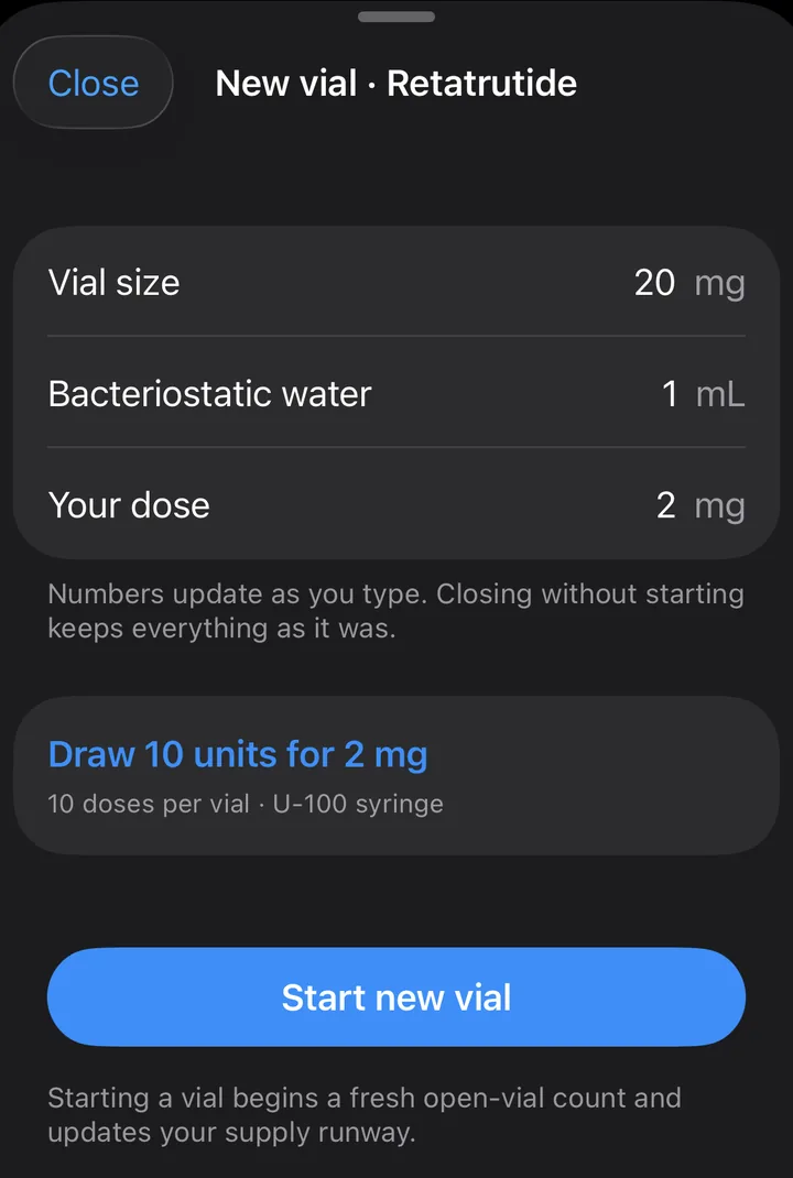New vial sheet with the reconstitution calculator: vial size, bacteriostatic water, your dose, and the answer, draw 10 units for 2 mg